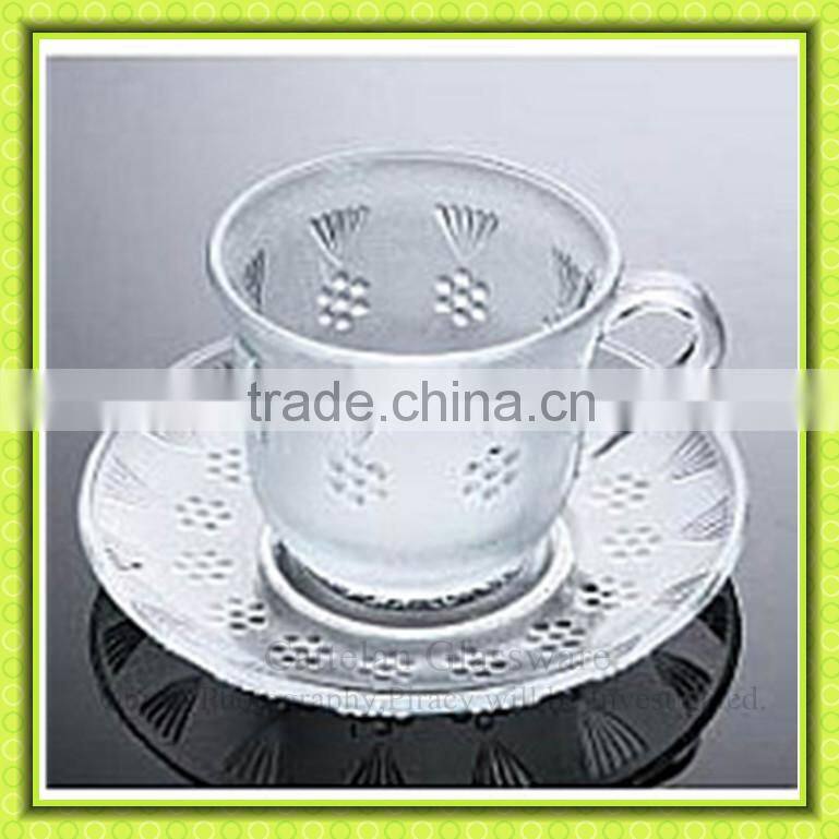 Eco-friendly apple engraved glass tea cup and saucer,glass coffee mug with tray for cafe' or restaurant