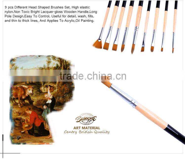 Factory Price 9 Pcs Long Wood Handle Artist Nylon Round Paint Brush Flat Paintbrush Fan Brushes Set Watercolor Painting Brush