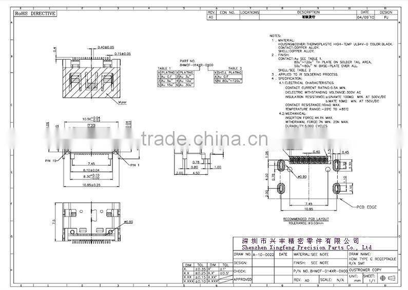 mini HDMI 19P female smt DIP gold-plated connector