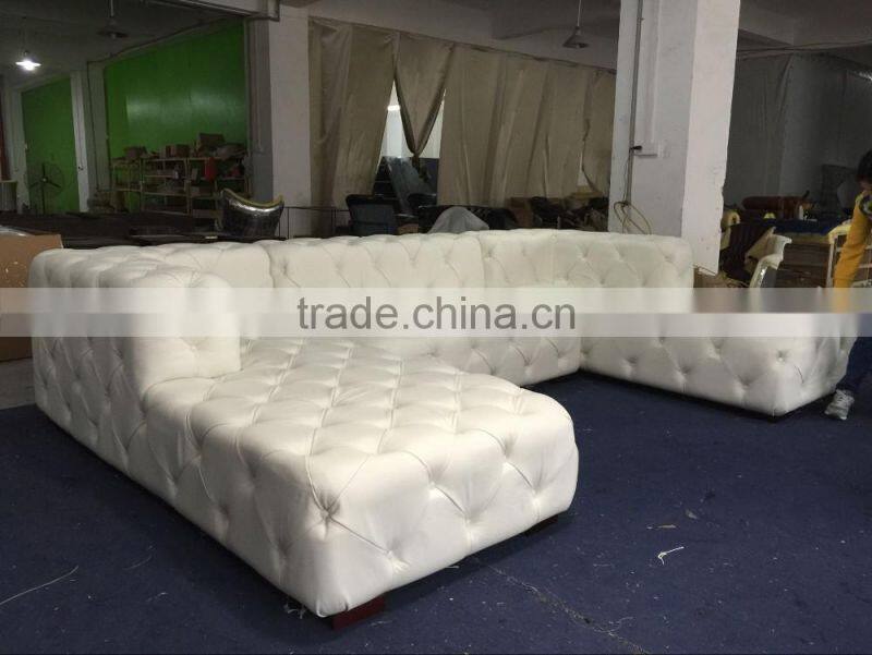 Retro Button Tufted White Genuine Leather Sofa/ U-Shaped Classic Chesterfield Couch Sofa/ American Hot-Sale Living Room Sofa