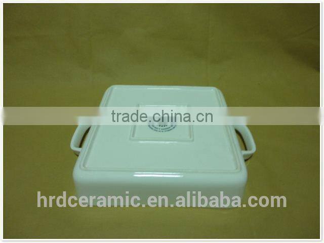 Customized logo rectangular white ceramic bakeware with handles