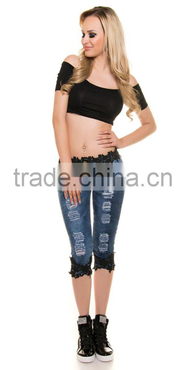 Women lace jeans europe style torn stretch denim shorts