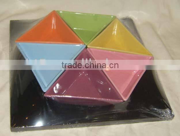 6PCS color glazed ceramic triangle snack plate with wooden tray