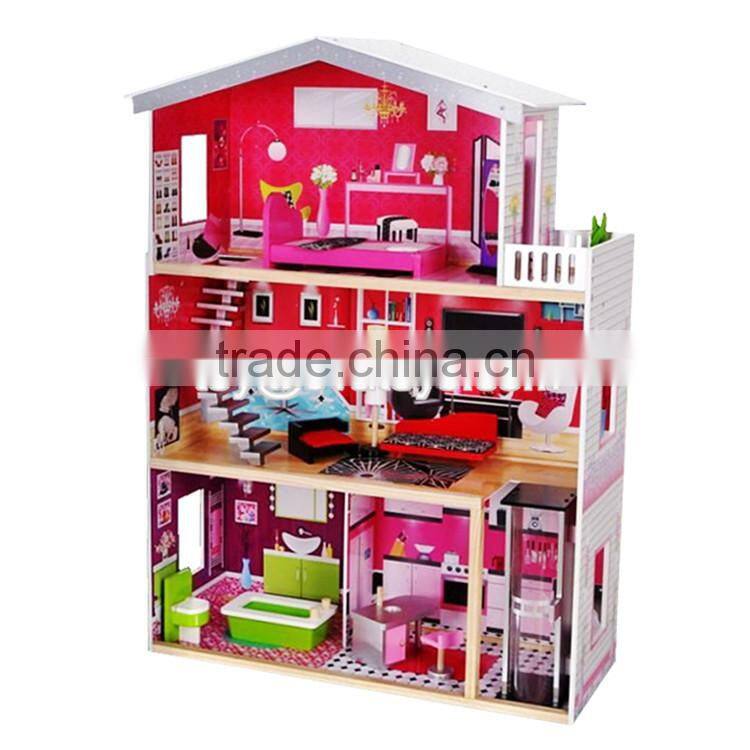 New design girls pretend toys wooden huge dollhouse W06A229