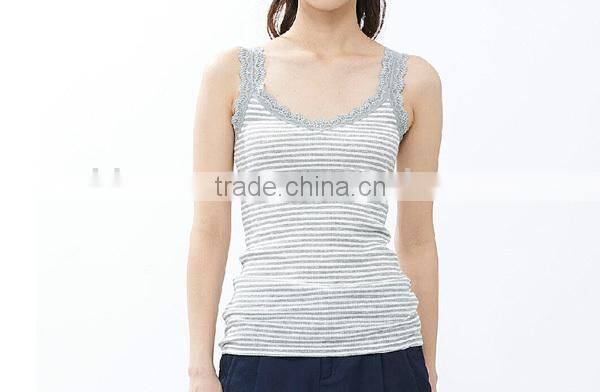 100%cotton lady sexy beautiful yarn dyed sleeveless long lace stripped vest