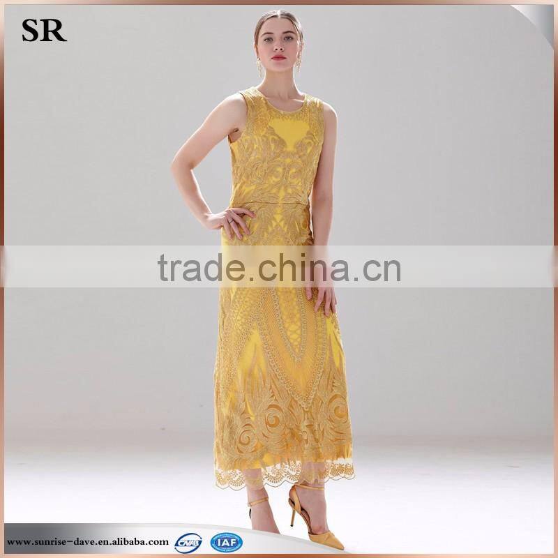 high quality fashion lady's party evening sleeveless gold lurex lace long dress