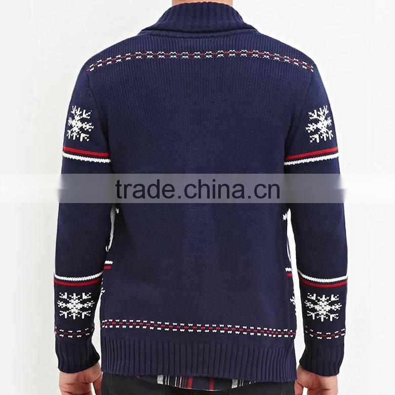 navy shawl collar long sleeve snow and deer patterns cardigan ugly christmas sweater