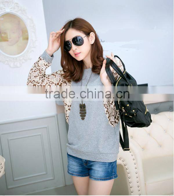 Korean style slim round neck long batwing sleeve women lace stitching plus size blank t-shirt