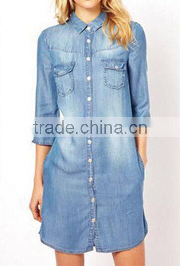 EY1932B Hot selling classical shirt dress apparel fashion rolled sleeves denim dress
