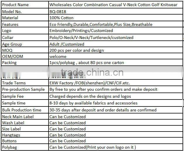 Wholesales Color Combination Casual V-Neck Cotton Golf Knitwear
