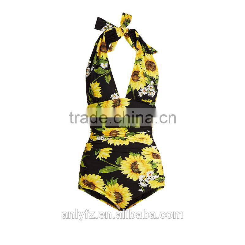 Sexy women's deep v-neck ruched sides sunflower-print self-tie halterneck swimsuit