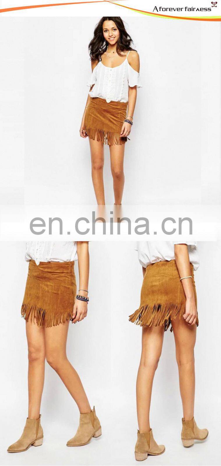 Mini Skirt Brown Tassels Chamois Leather Skirt