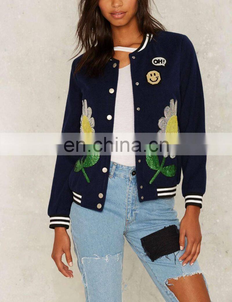 2016 Women Hot Sale Sequin Jacket Women Bomber Autumn Outwear China Wholesale Clothing for Women Polyester Navy Blazer