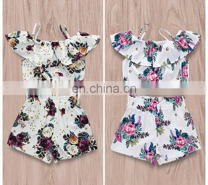 2019 summer kids outfit cotton girls off shoulder tops floral print tshirt & girls flower shorts 2pc set