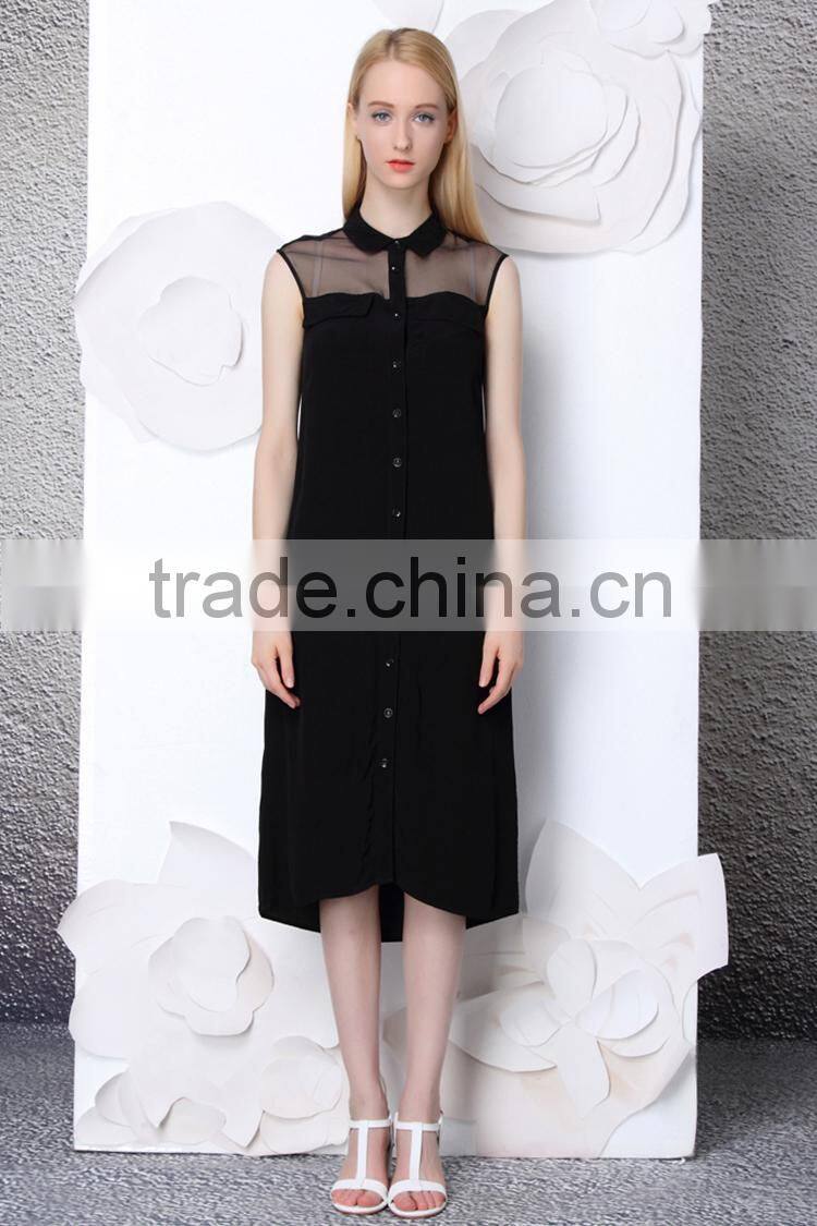 2015 lastest fashion solid sleeveless black voile casual factory price club dresses 2015