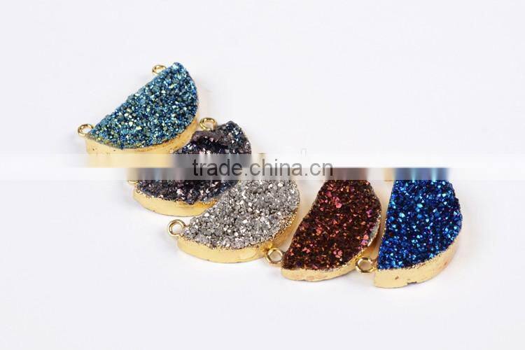 Titanium druzy half moon connector-rainbow, blue, opal white, silbver, coffee, green