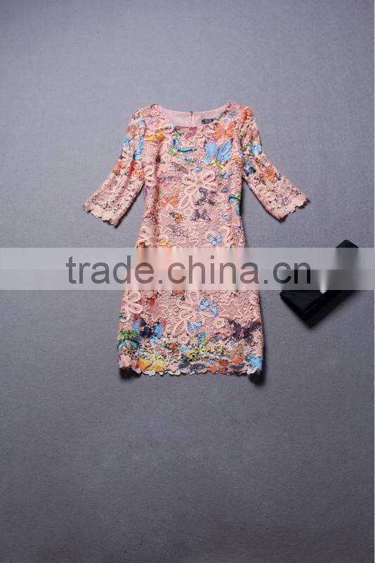 Branded 2014 Water soluble butterfly sweet style lace bodycon autumn dress half sleeve