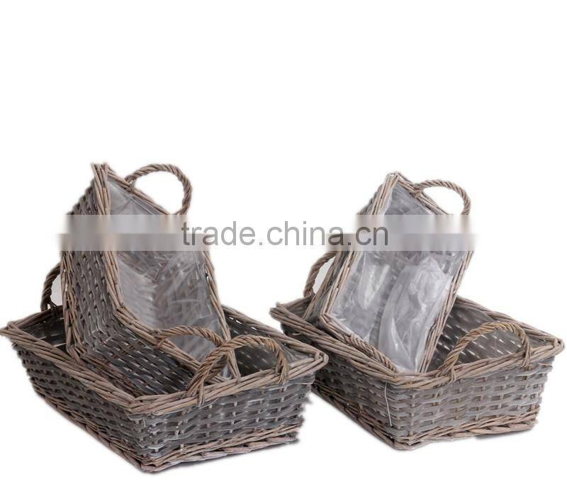4 pcs grey willow wicker baskets plant pots with handle and plastic lining