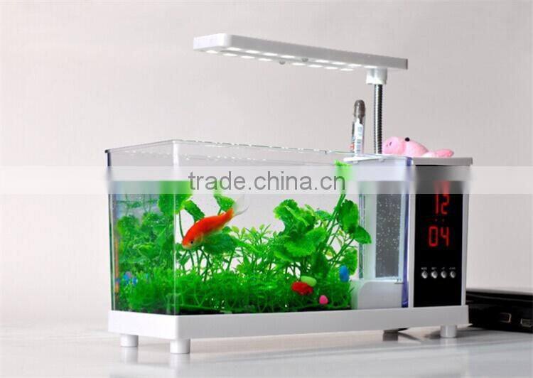 Mini table fish tank, electronic clock on table Lamp