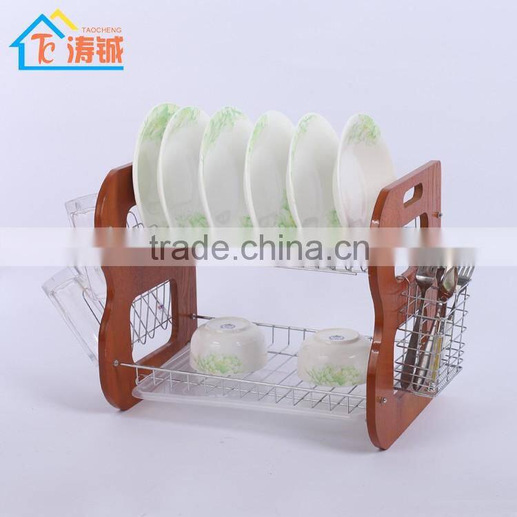 Knocked down double plastic tray new design high quality wooden dish rack