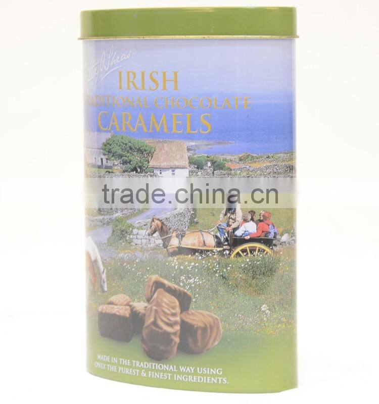 Oval metal tin box for delicious caramels packaging