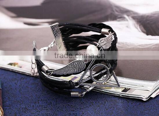 New Fashion owl deathly hallows angel wing leather bracelet DIY