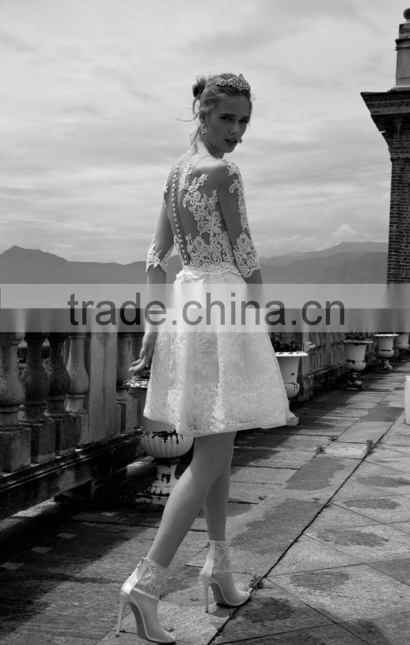 (MY16601) MARRY YOU Sexy Half Sleeve See Through Lace Bodice Short Wedding Dresses