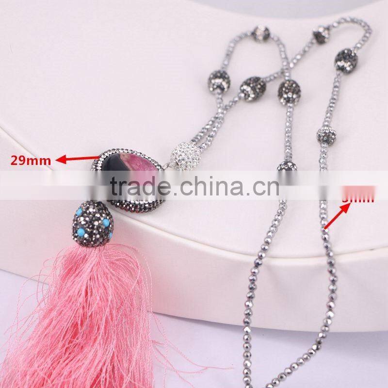 Pave Crystal Agate Tassel Pendant Necklace, with Hematite Gem stone Beaded Necklace