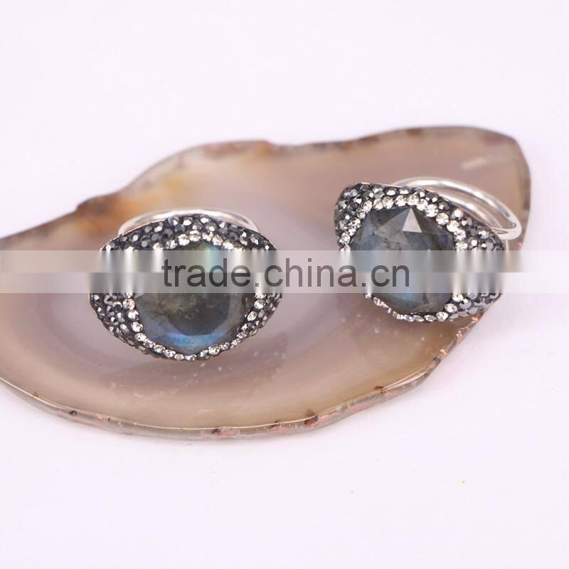 Natural Labradorite Stone Ring, Metal Gold Plated Ring, Pave Setting Crystal Jewelry Finger Gold Plated Druzy Ring