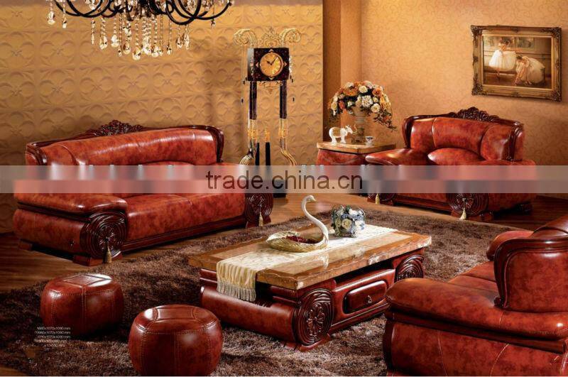 Thai Classical Living Room Sofa Set,Luxury Southeast Asia Style Genuine Laether Furniture,Marble Top Coffee Table &Leisure Stool