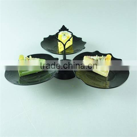 3pcs stock black glaze ceramic cake fruit plate with metal stand