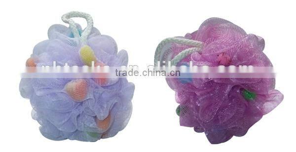 Colorful soft bath mesh ball with small pieces of sponge