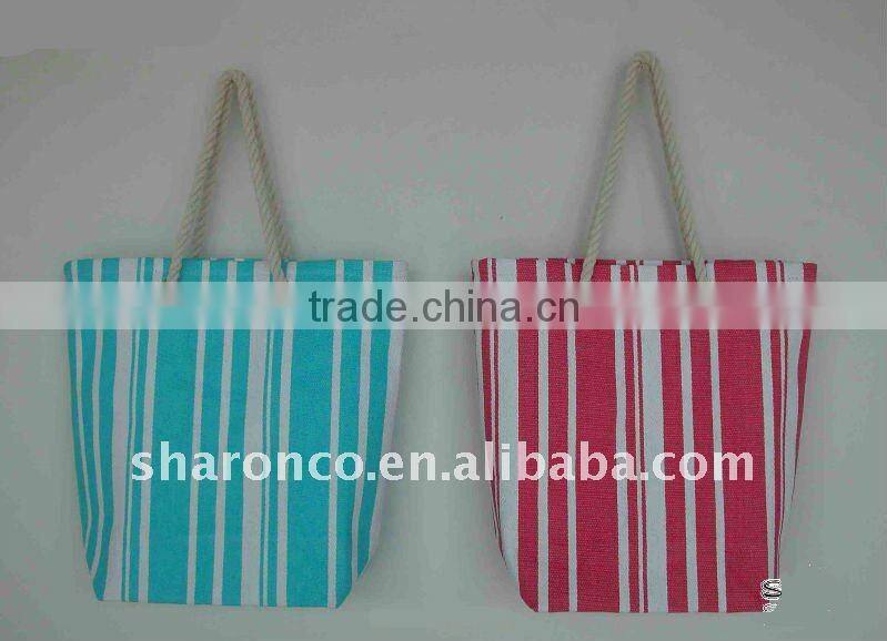Candy strip paper straw fabric beach bag with handle