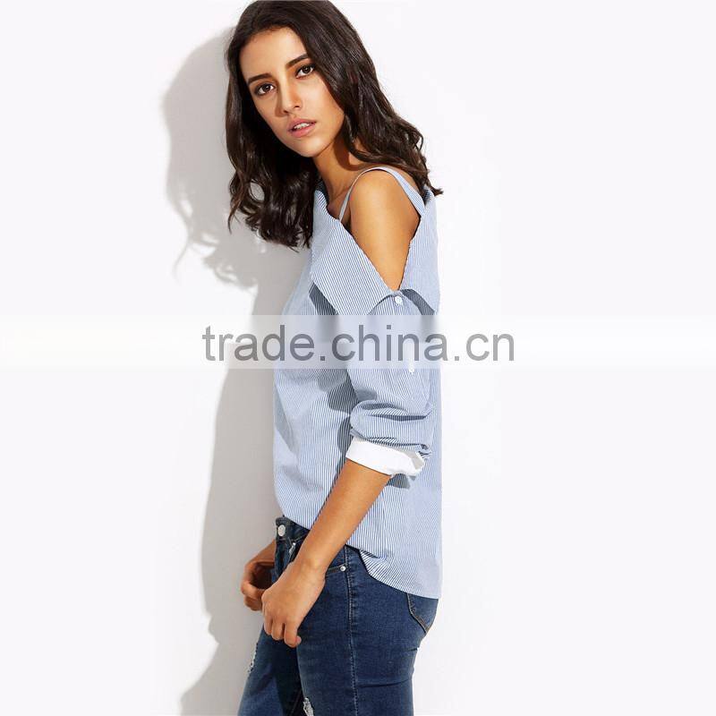 Womens Tops Fashion Autumn Ladies Blue Striped Fold Over Asymmetric Shoulder Long Sleeve Contrast Cuff Blouse