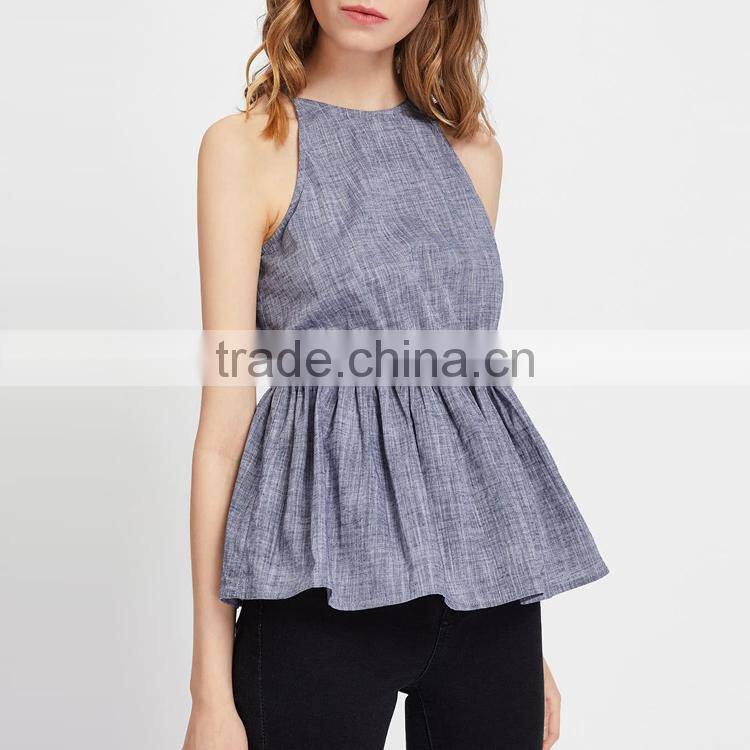 Wholesale Women Apparel Ruffle Spaghetti Strap Keyhole Back Linen Tank Top