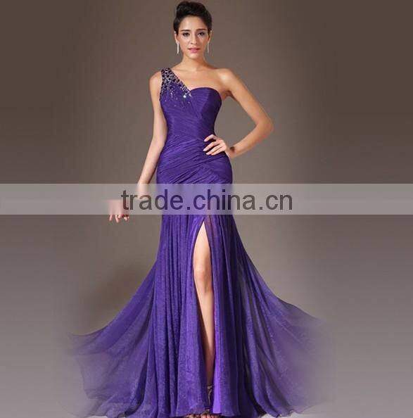formal purple one shoulder beaded princess style evening dress