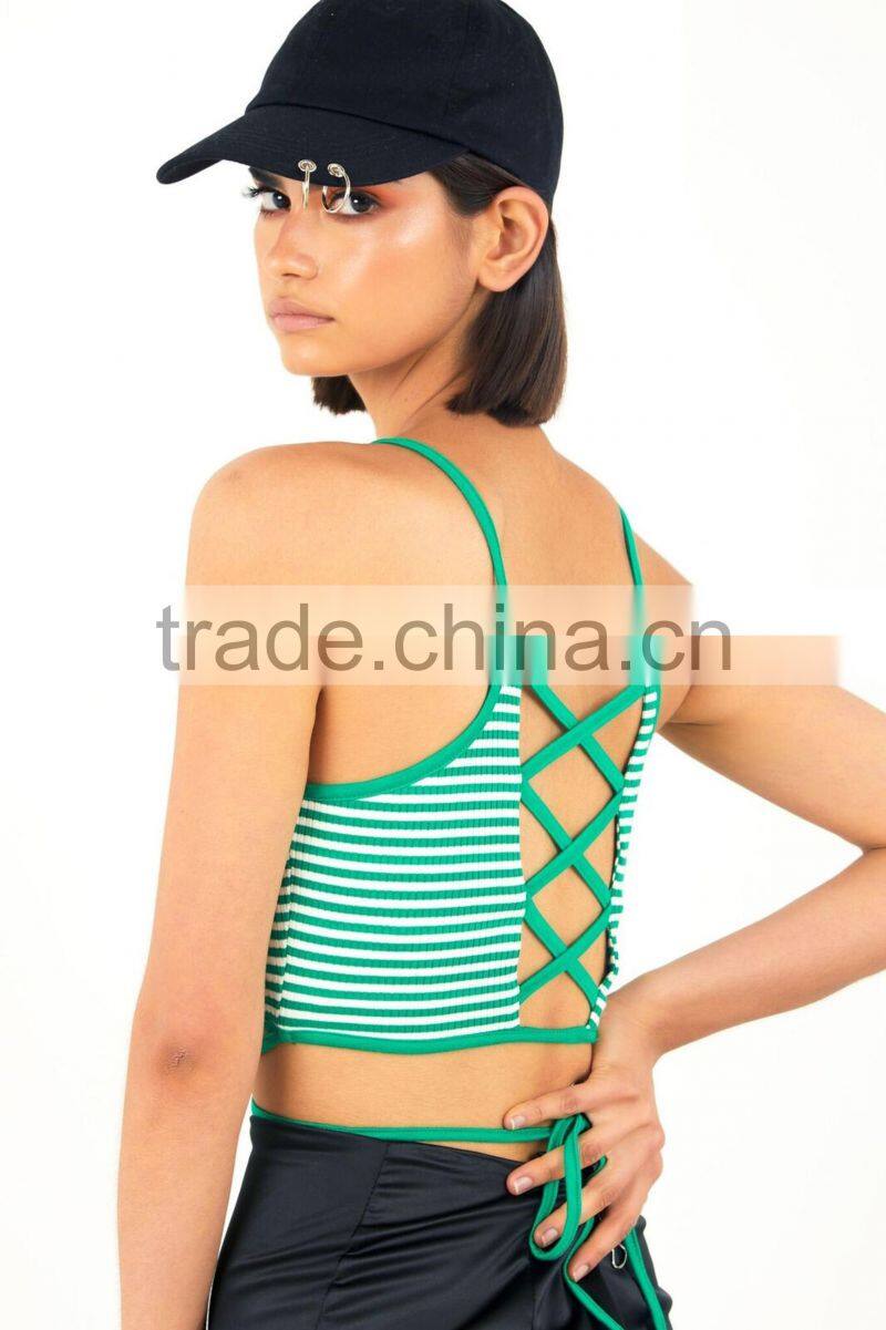 MGOO Wholesale Custom Low Cut Sweater Crop Top Green Stripe Back Up Lace Tank Top Women Fitness