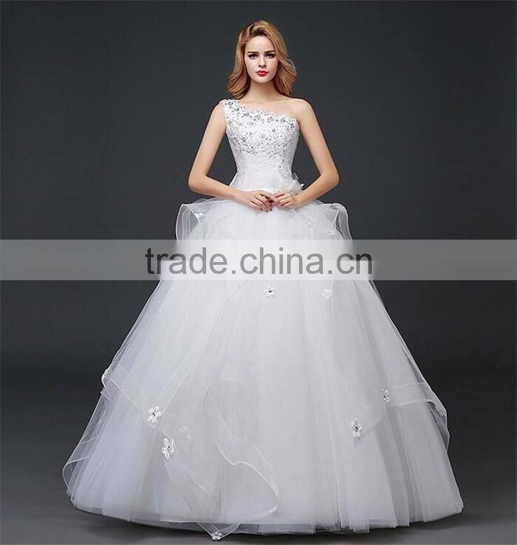 Floral Lace Trim Hem One Shoulder Crystals Pearl Ball Gown Appliques Lace Tulle Customize Wedding Dresses