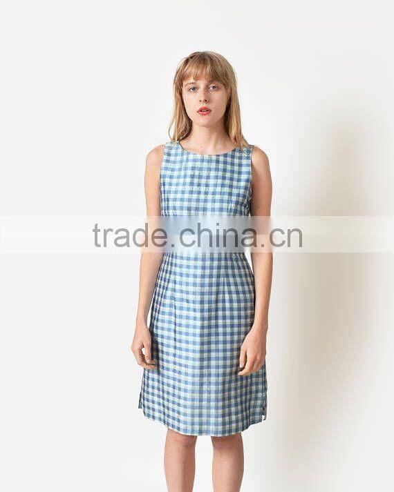 Women Summer Blue Gingham Dress Vintage Sleeveless Dress For Girls