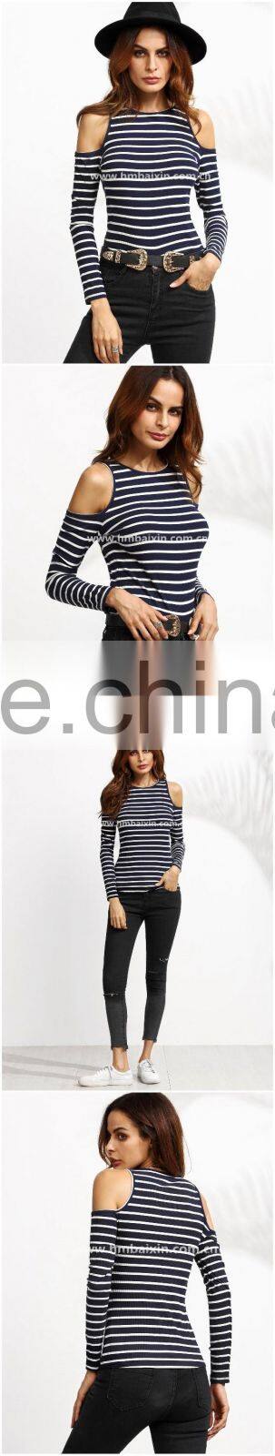 APPAREL Navy Striped Open Shoulder Ribbed T-shirt