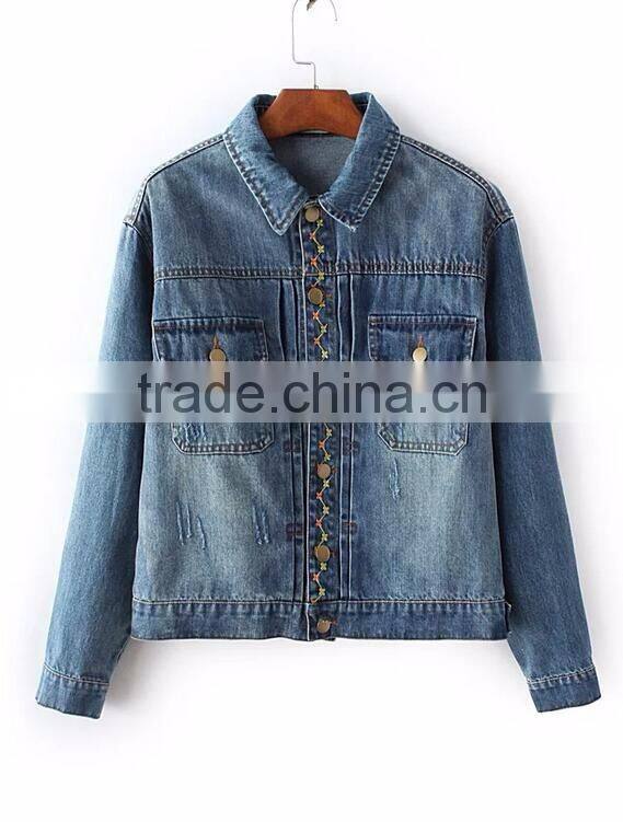Runwaylover EY1046C Hot Sale 2017 Ladies Casual Embroidery Denim Jackets