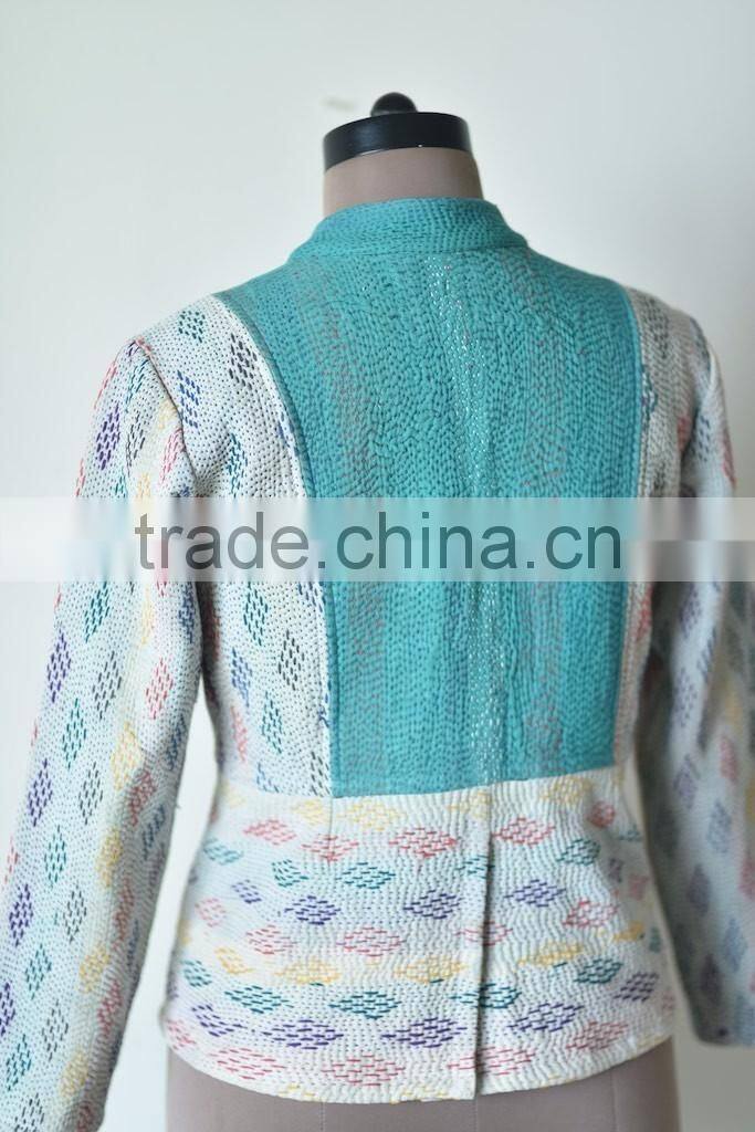 Vintage Kantha Jacket in Cream & Green Color ~ Extra Large