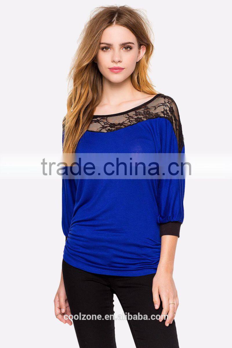 3/4Sleeve contrast trims lacey yoke lady blouses for women summer 2015