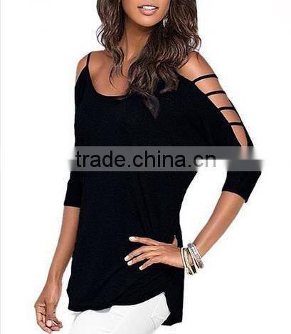 Women's 100% cotton comfort colors tShirts in bulk Hollowed Out Shoulder Three Quarter Sleeve
