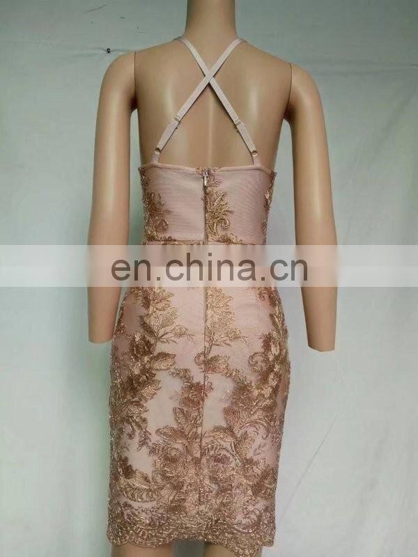 Amigo 2017 new designer sex Embroidery lace strap cut out bandage dress elegant midi evening dresses for women party wear