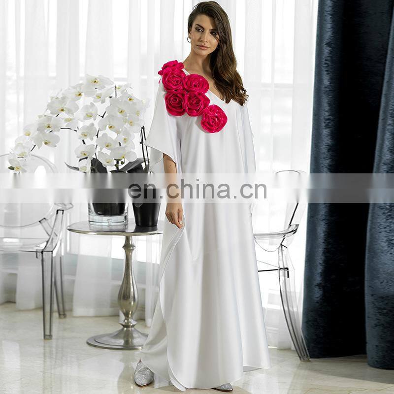 2019 Elegant Red Rose Appliques V-Neck Bats Sleeve Summer Beach Dress White Cotton Tunic Women Casual Long Robe Maxi Dress