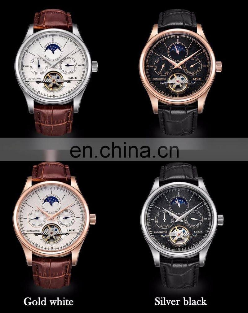 Lige 6826 Retro Men Mechanical Watches Tourbillon Waterproof Leather Top Brands Luxury Watch Automatic Mens
