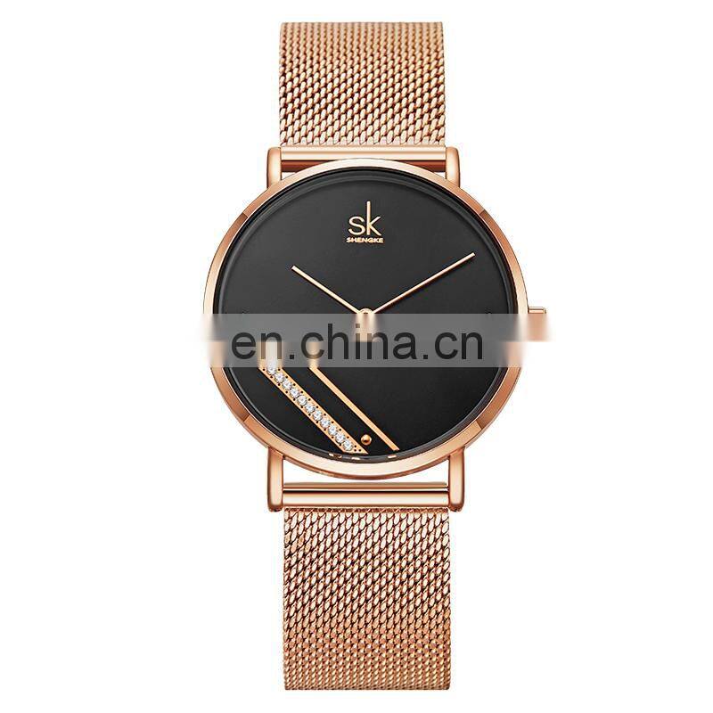 SHENGKE SK Rose Gold Stainless Steel Mesh Band Black Dial Watch For Ladies Quartz Watches K0106L Hot Seller