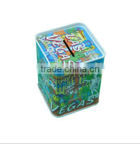 Fancy decorative tin coin bank with custom printing