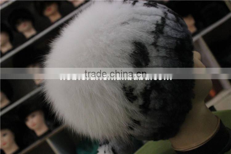 Skullies And Beanies Women Real Rex Rabbit Fur Hat With Silver Fox Fur Pompom